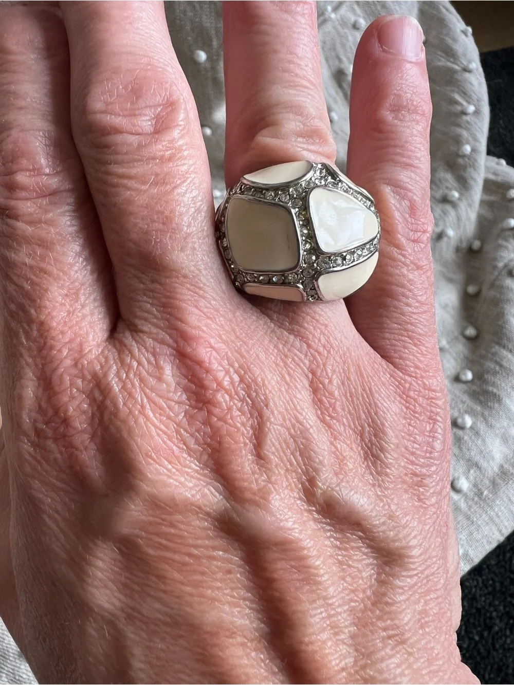 White Enamel Dome Ring with Crystal Accents